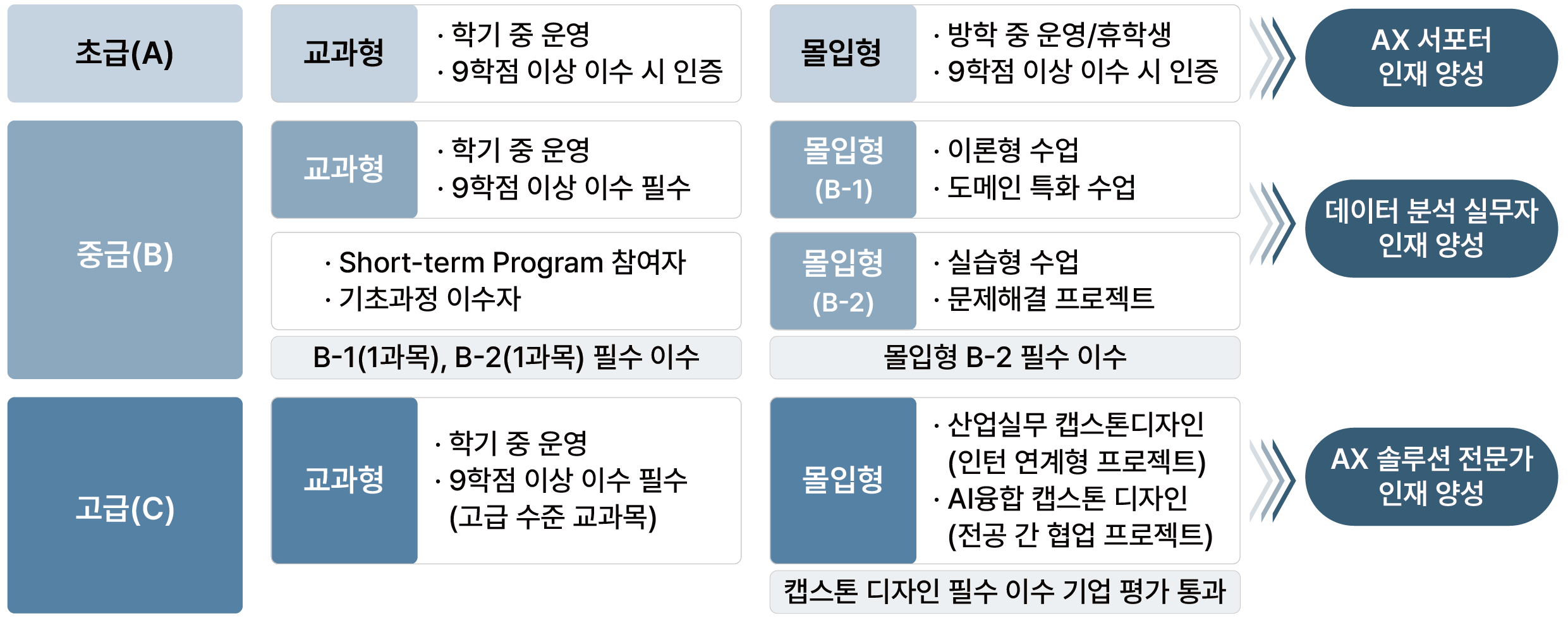 초급·중급·고급 교과형·몰입형 이수 조건 및 인재 양성 목표